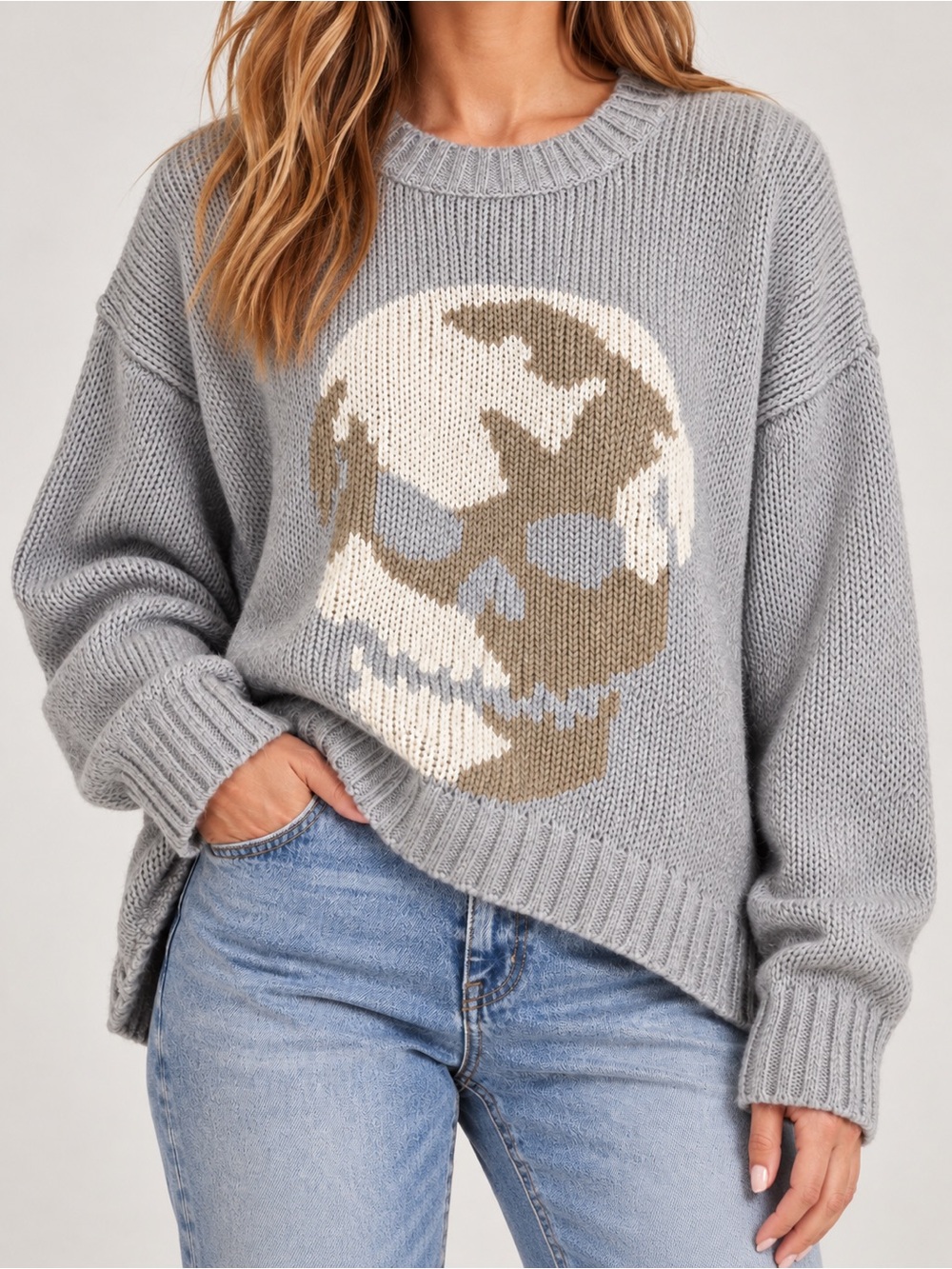 Wooden Ships Skull Mohair Wool Sweater S/M Gray